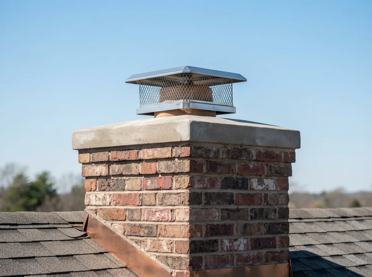 Technician inspecting a chimney's crown and cap from the exterior on a Fort Worth home