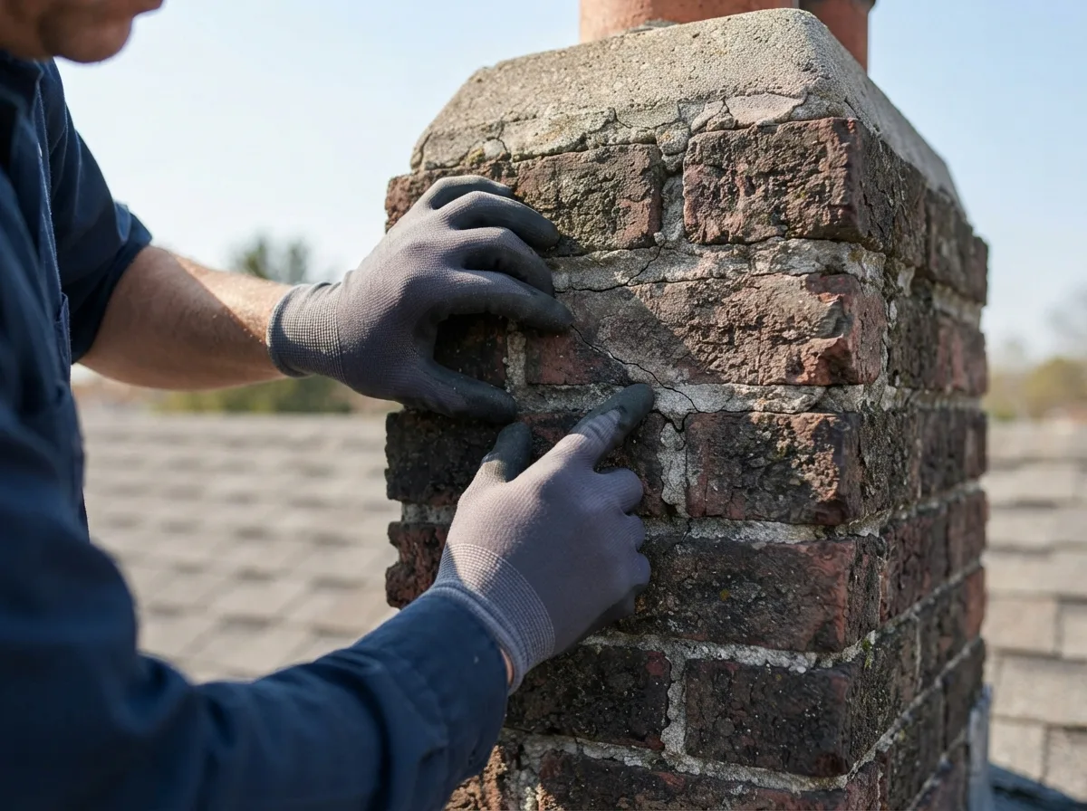 Technician visually inspecting the exterior of a chimney from the roofline