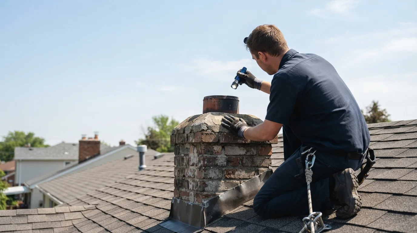 Technician performing a visual chimney inspection on a Fort Worth, TX rooftop