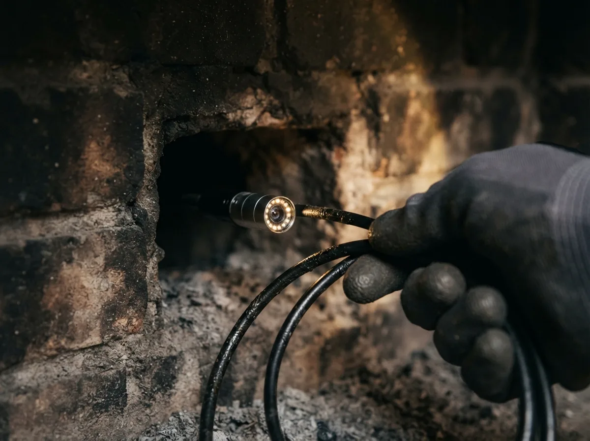 Technician operating a video scan camera to inspect the interior of a chimney flue