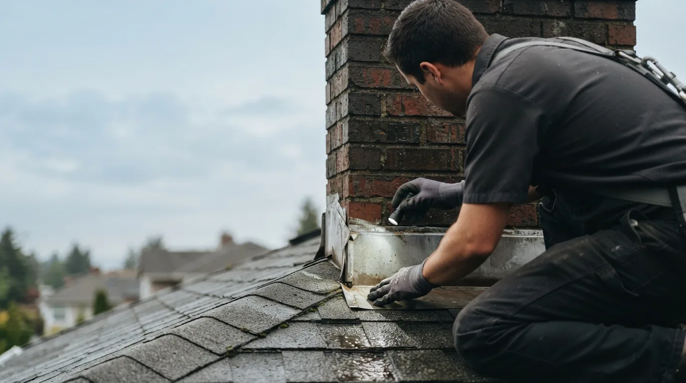 Technician inspecting a chimney's crown and flashing for a leak source on a Fort Worth, TX rooftop