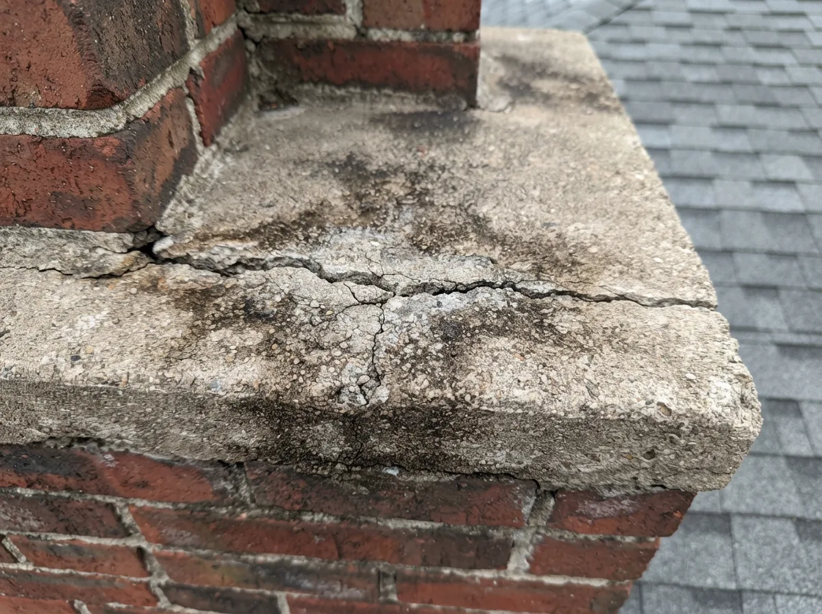Cracked chimney crown showing where rainwater is entering the chimney
