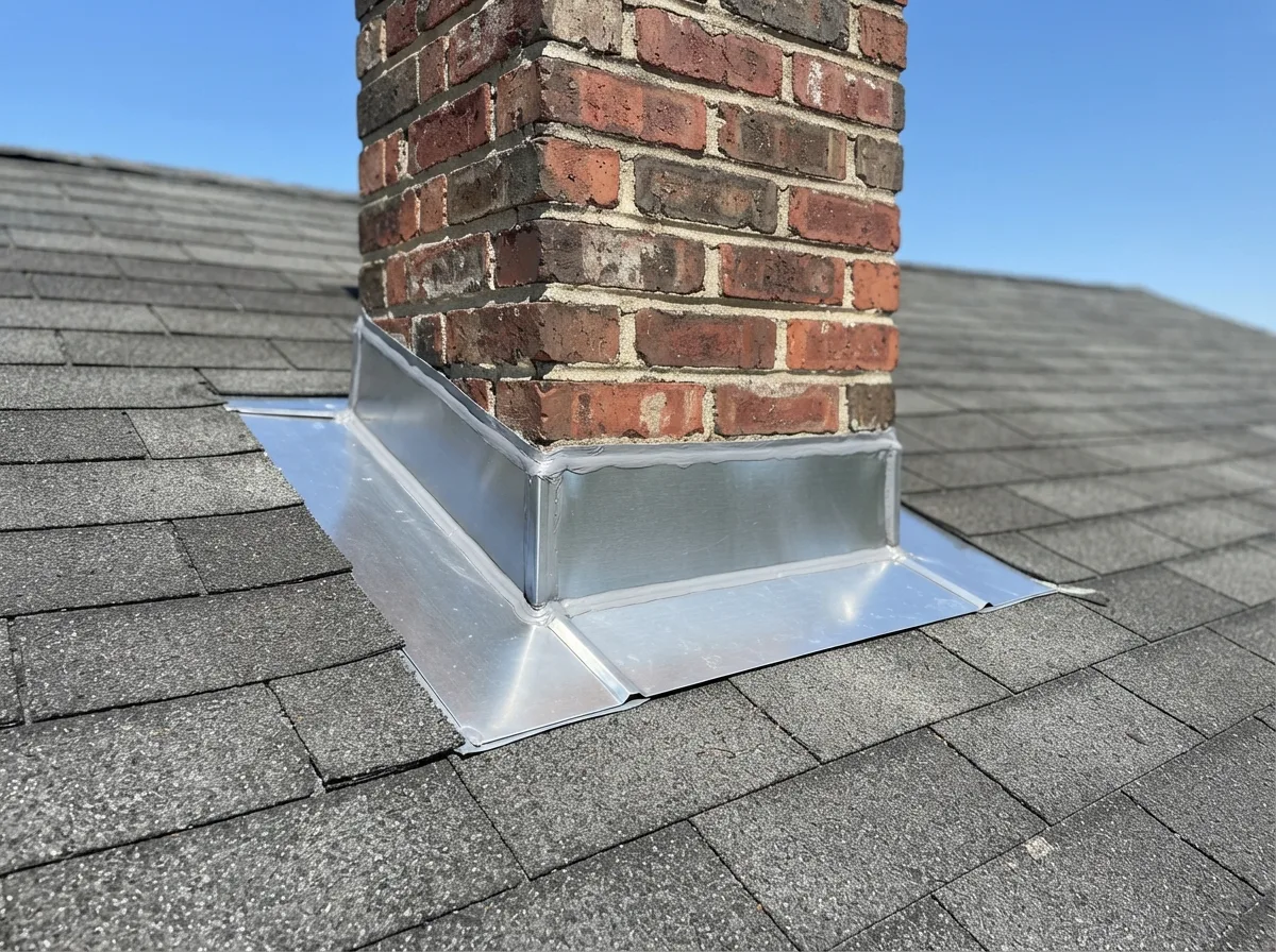 Newly repaired chimney flashing sealed against the roofline on a Fort Worth home