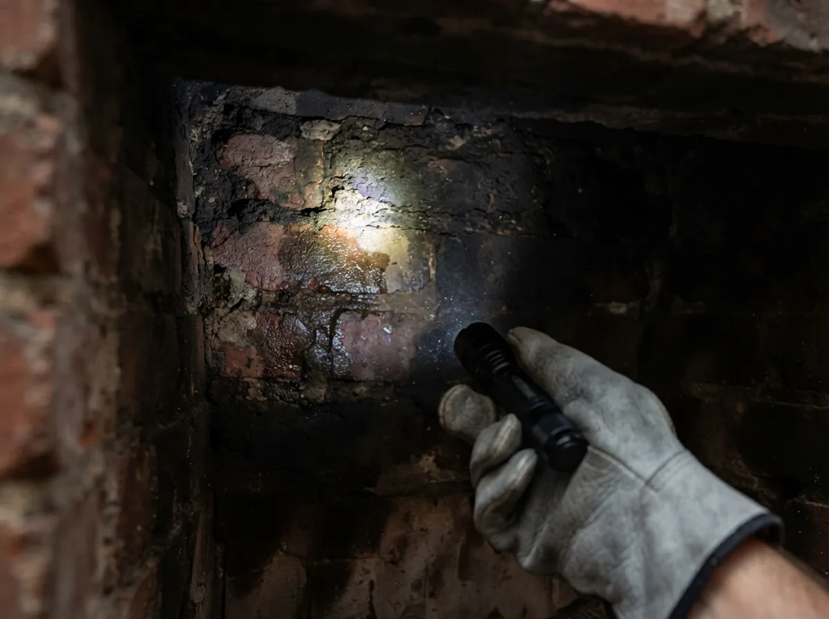 Technician using a flashlight to trace a chimney leak's path