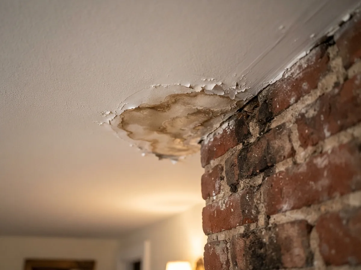 Water stain spreading across a ceiling near a chimney chase