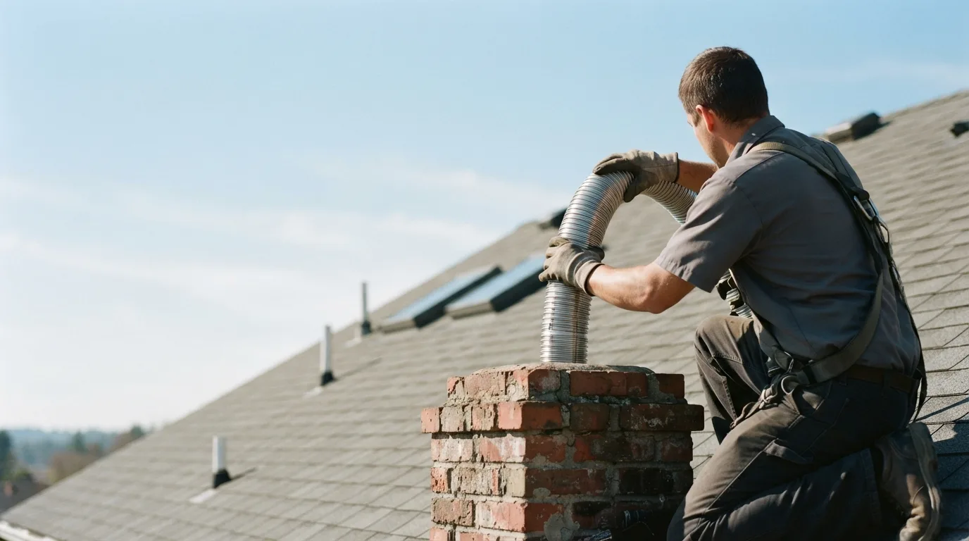 Technician feeding a stainless steel liner down a masonry chimney flue in Fort Worth, TX