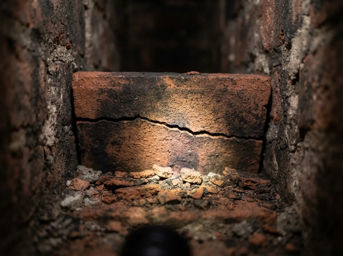 Cracked and flaking clay tile chimney liner viewed from inside the flue