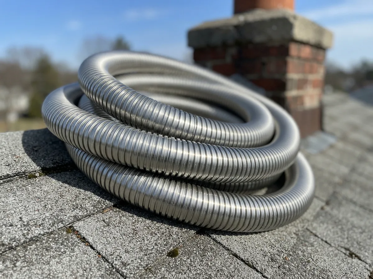 Coil of flexible stainless steel chimney liner ready for installation