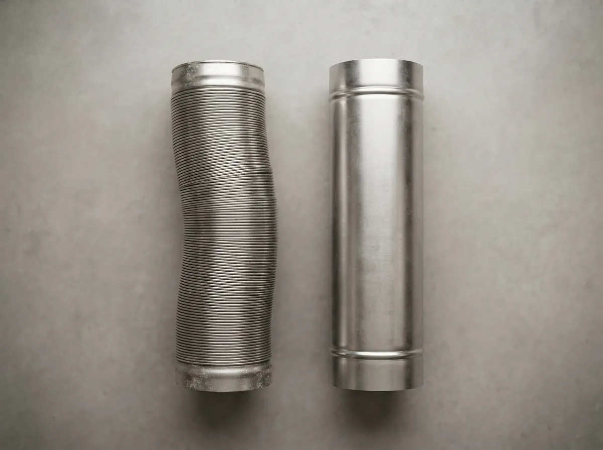 Flexible stainless steel chimney liner shown next to rigid stainless steel liner sections for comparison