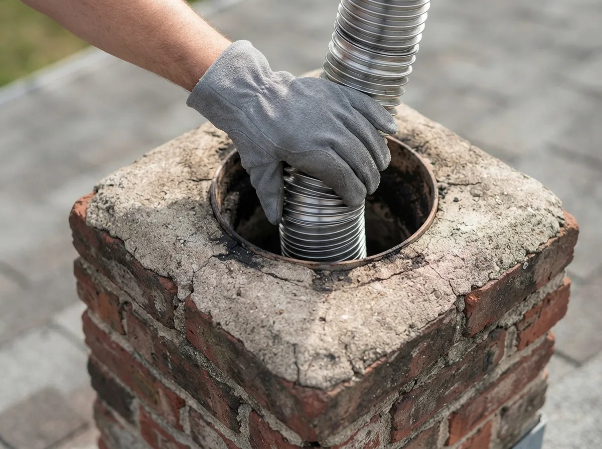Technician feeding a new chimney liner down through the flue during installation