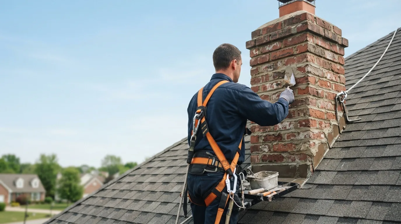 Technician in a roof harness tuckpointing a brick chimney on a Fort Worth, TX home