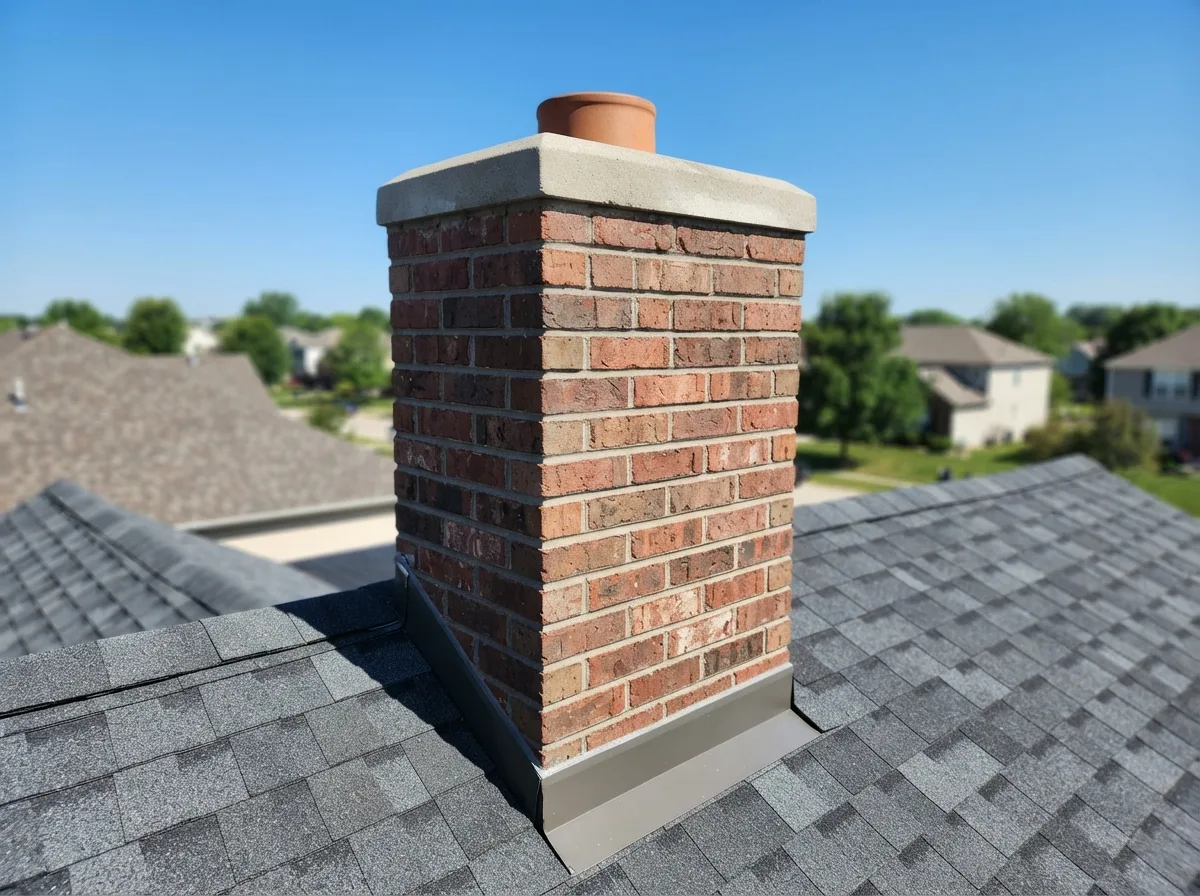 Newly repaired brick chimney with a clean crown and flashing on a Fort Worth home