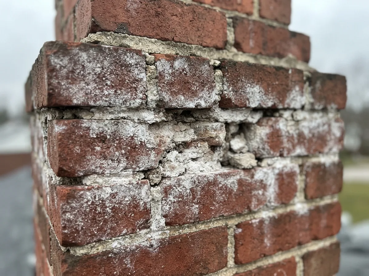 White efflorescence and crumbling mortar joints on a chimney's brick corner