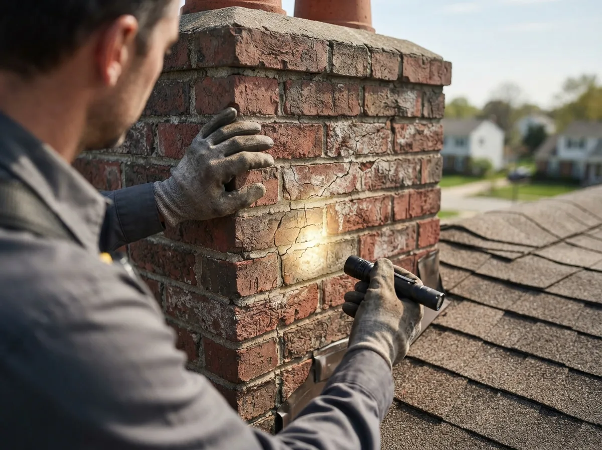 Technician using a flashlight to assess a cracked brick chimney during a roof inspection