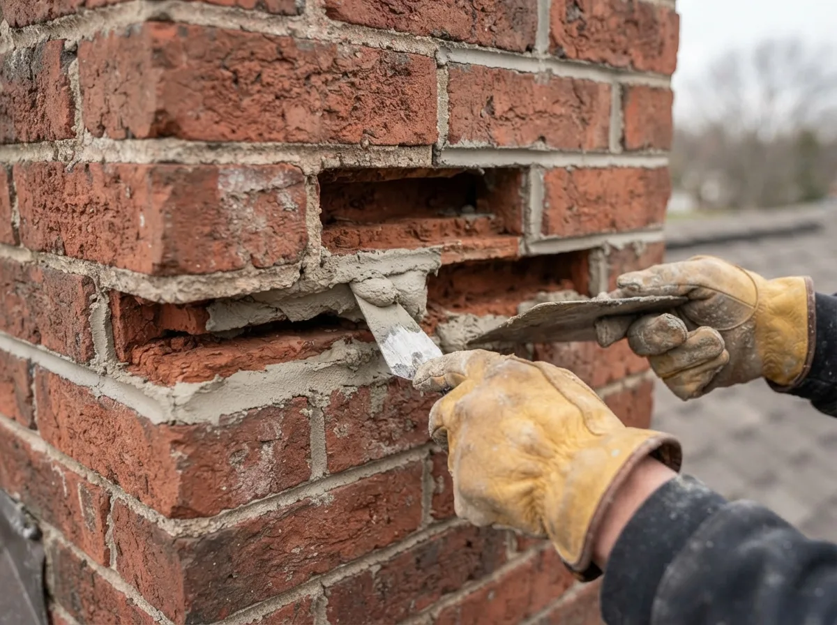 Gloved hands tuckpointing fresh mortar into a chimney's brick joints with a trowel