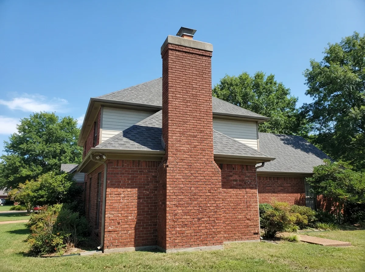 Tall brick chimney on the exterior of a two-story suburban home in Keller, TX