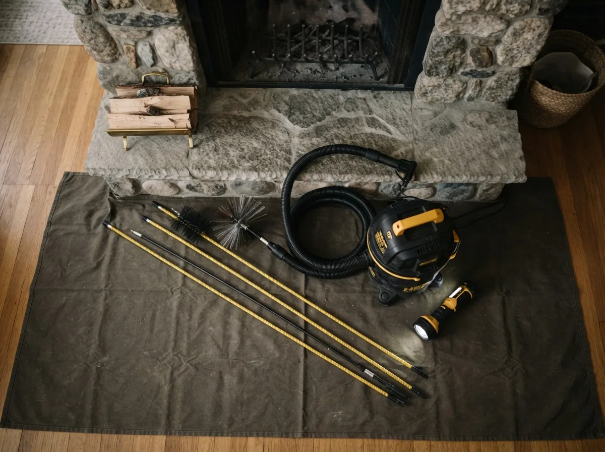Chimney sweep rods, brush heads, and a HEPA-filtered vacuum laid out on a drop cloth in front of a living room fireplace