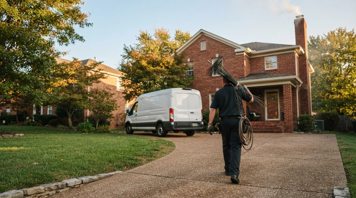 Chimney sweep technician carrying rods and brushes up the driveway of a two-story brick home in Keller, TX, with smoke rising from the chimney