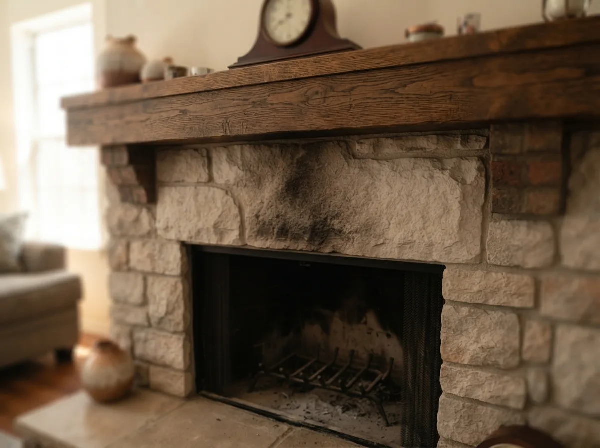 Dark smoke staining on the stone above a fireplace opening, with a lit fire in the firebox below