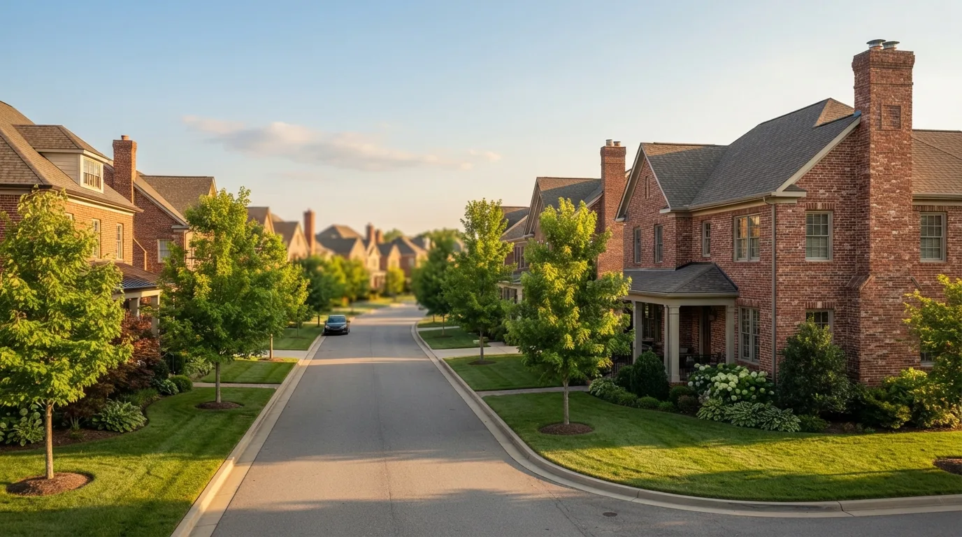 Tree-lined street in a Keller, TX neighborhood lined with two-story brick homes and chimneys