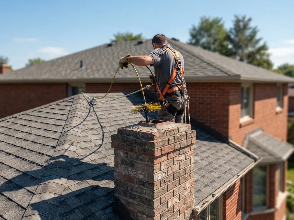 Technician in a safety harness cleaning a brick chimney with a rotary brush on a two-story home's roof