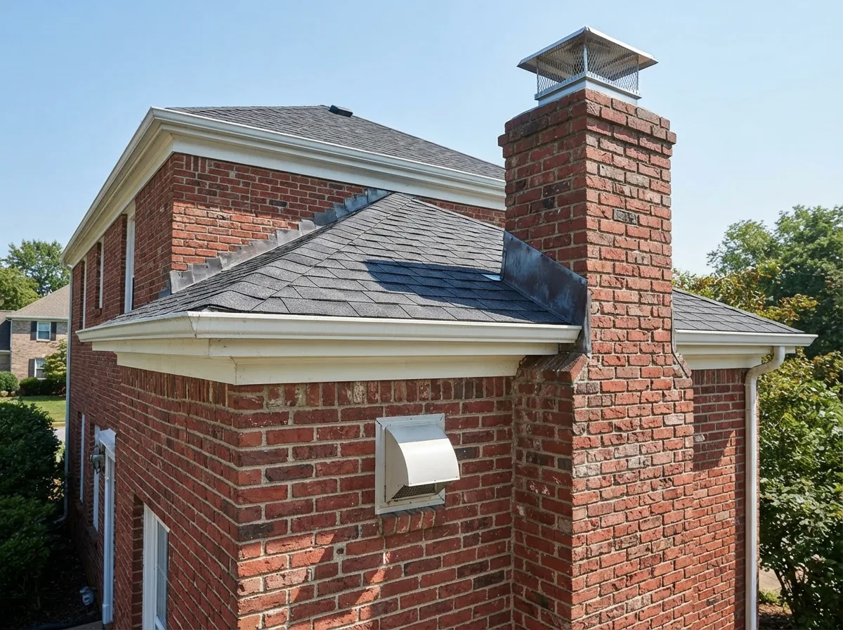Brick home exterior showing the chimney cap, flashing, and dryer vent exit, each tied to a different chimney service