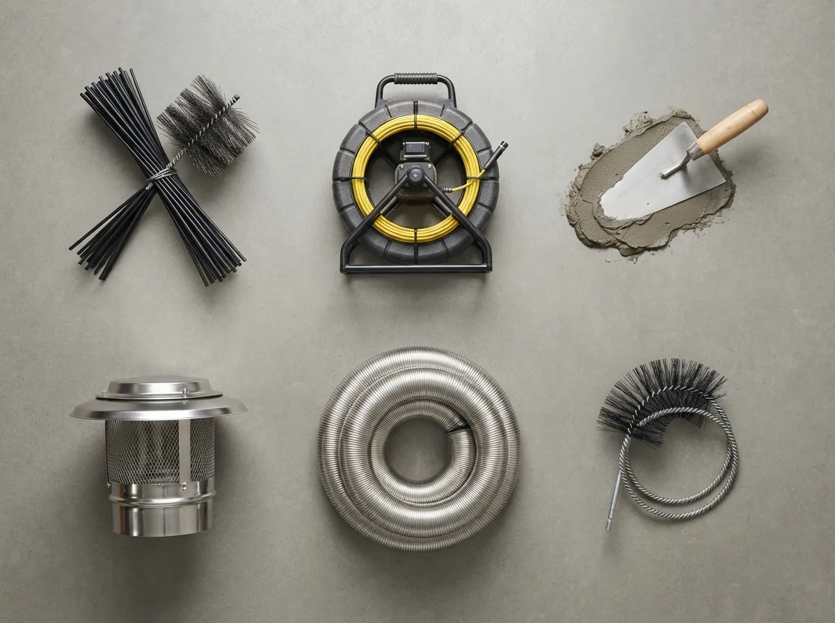 Flat lay of chimney sweep tools: brushes, rods, a HEPA vacuum, and an inspection camera