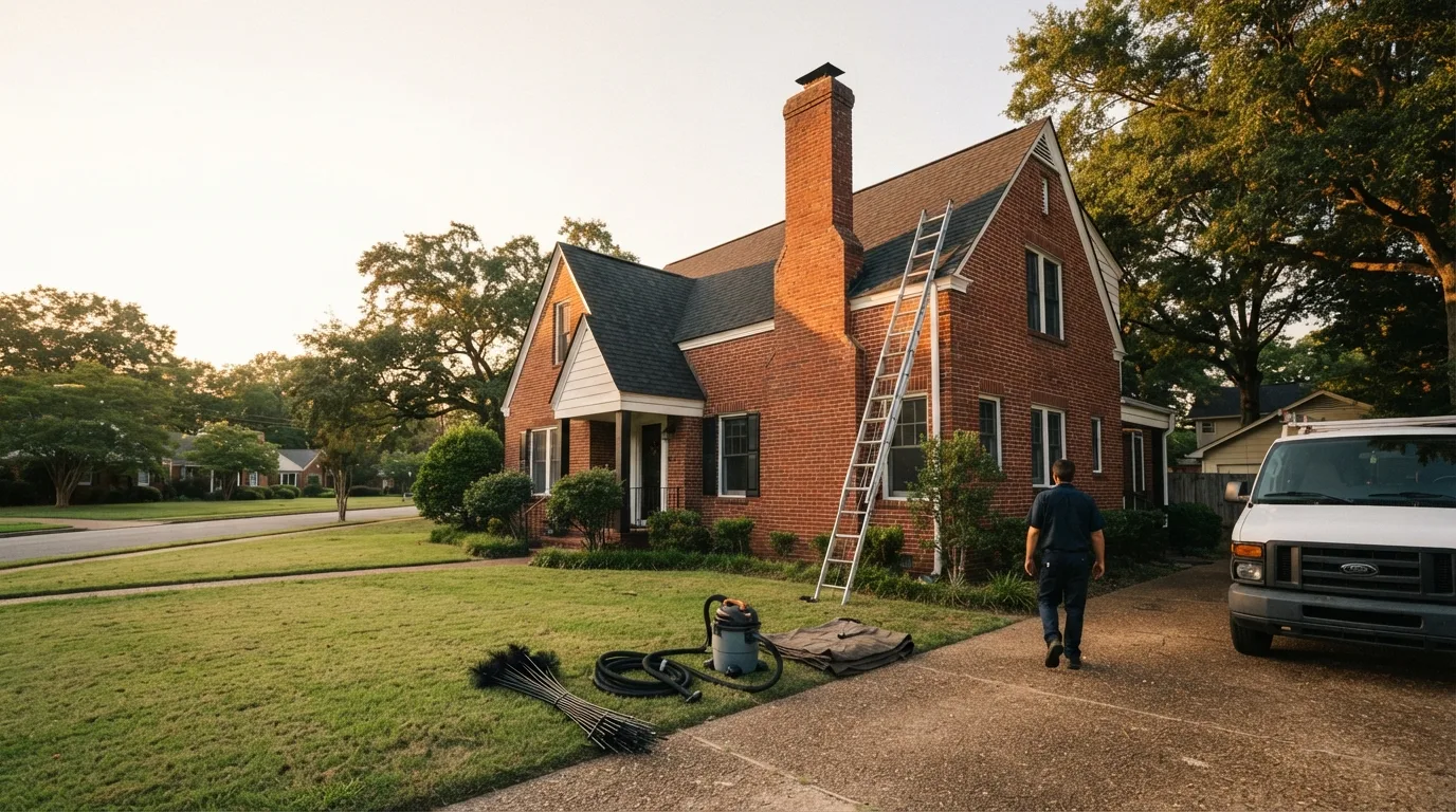 Chimney Sweep Pro technician with tools in front of a brick chimney on a Fort Worth, TX home
