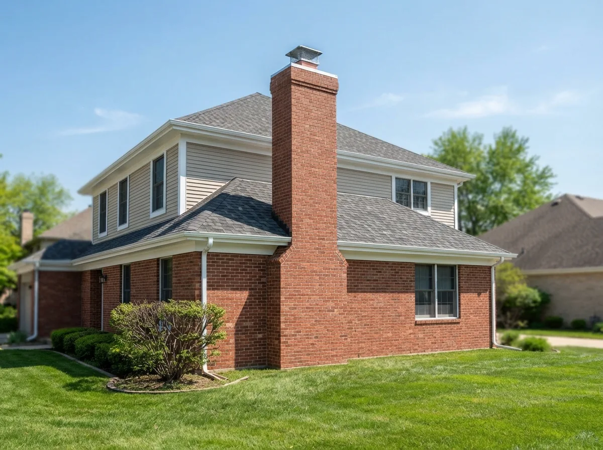 Newer brick chimney on a two-story suburban home