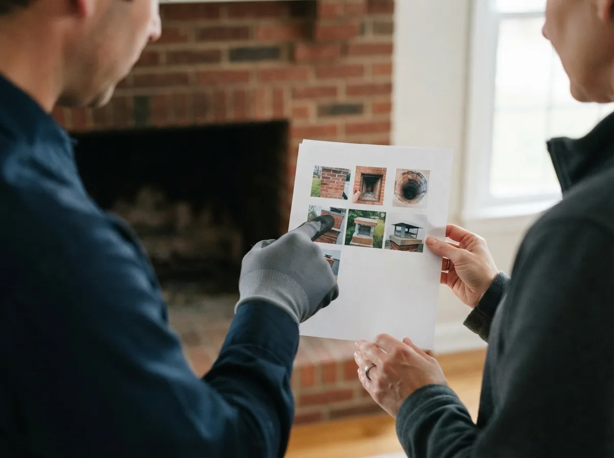 Technician explaining inspection findings to a homeowner beside the fireplace hearth