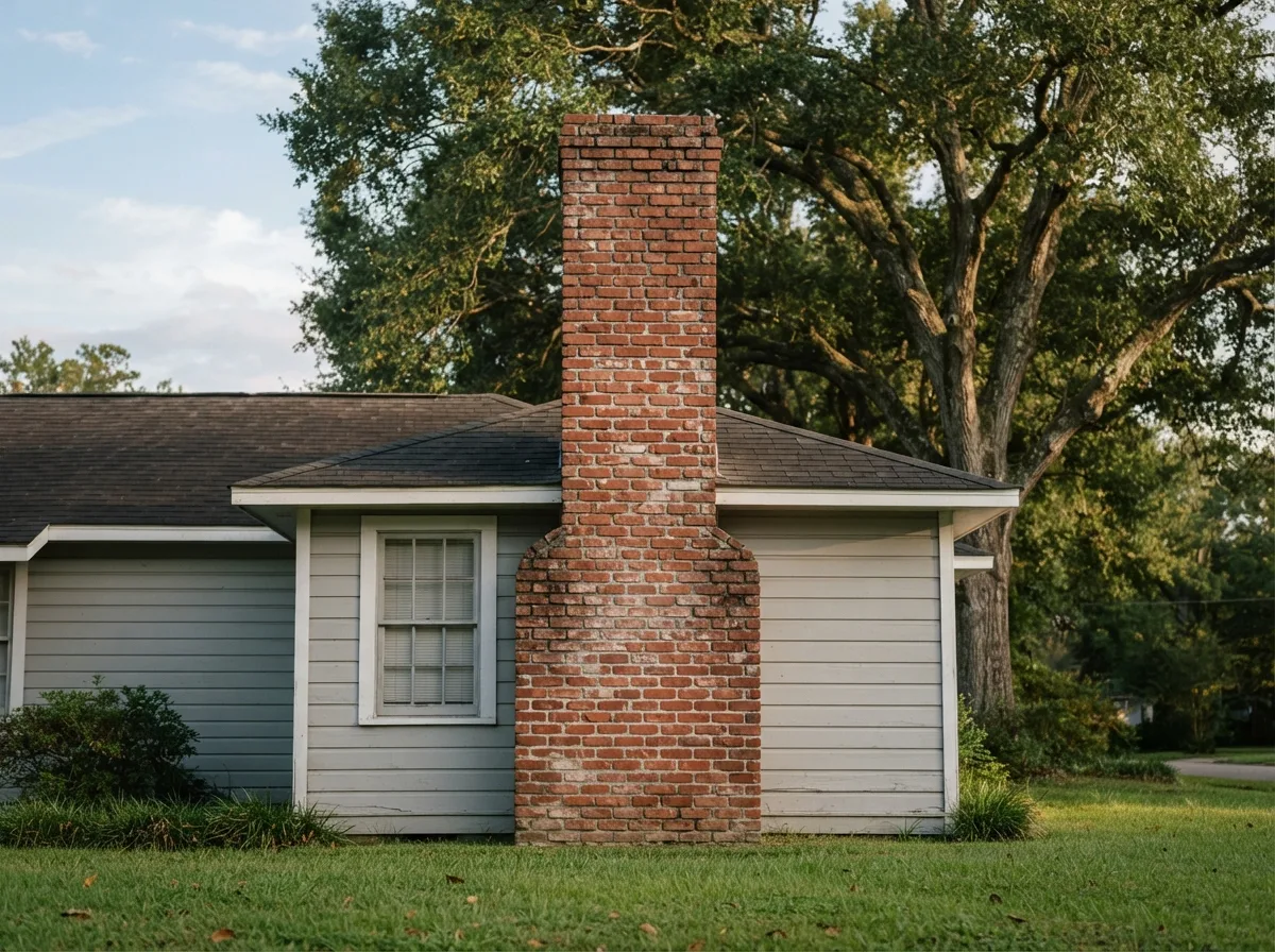 Weathered brick chimney with worn mortar joints on an older Fort Worth home