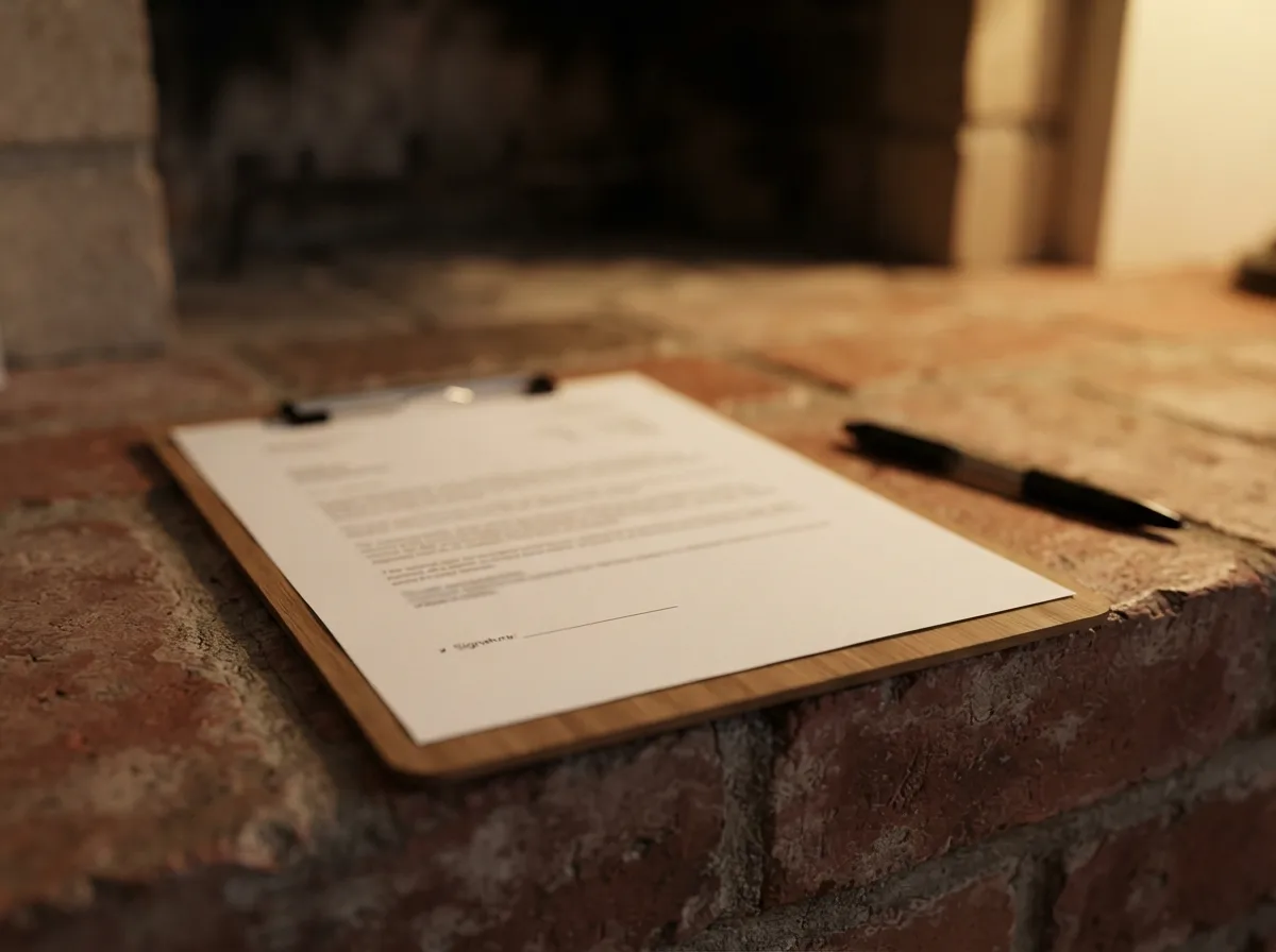 Written price quote on a clipboard resting on a brick fireplace hearth