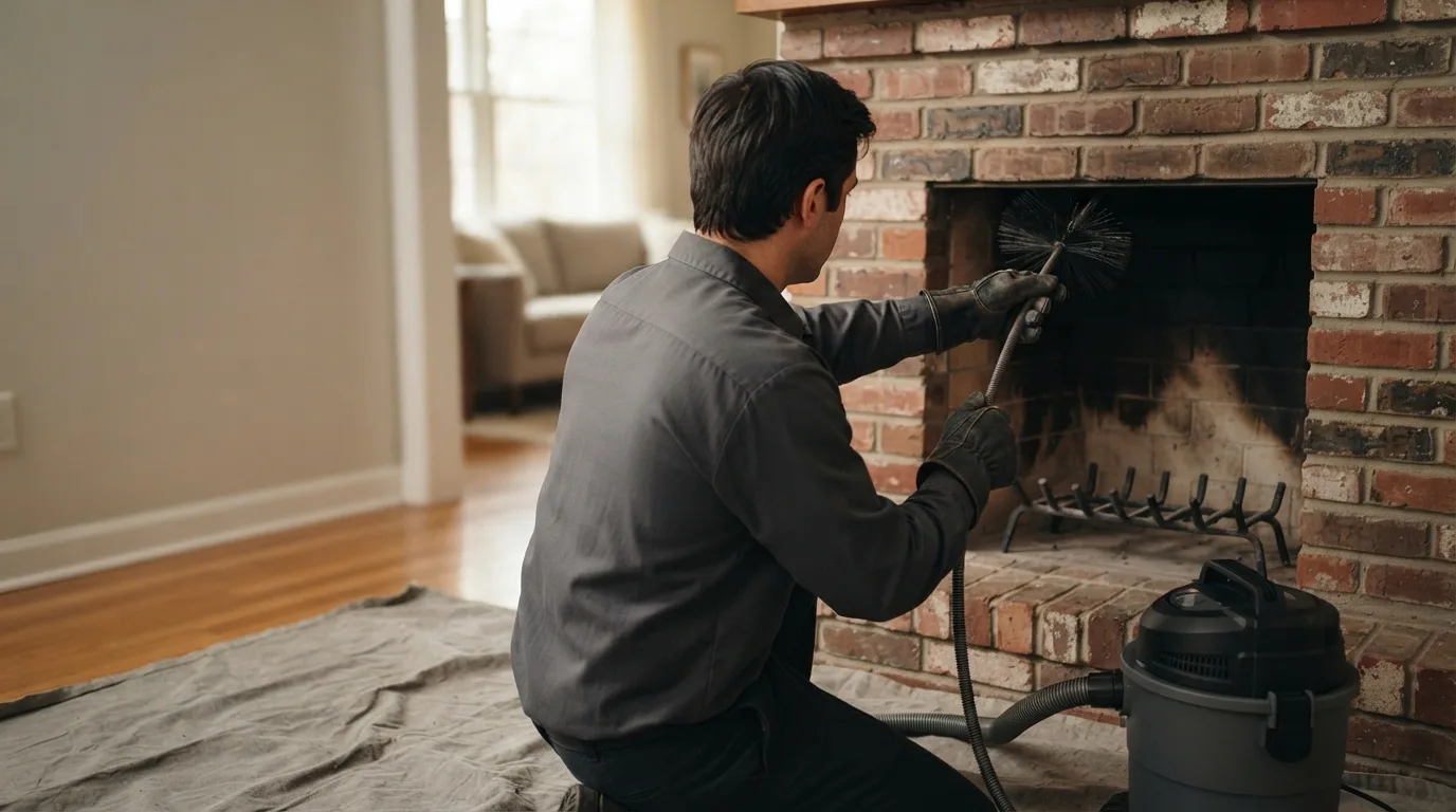 Technician brushing a brick fireplace flue with a rotary rod, HEPA vacuum and drop cloth set up in a Fort Worth, TX living room