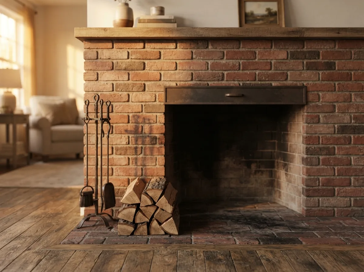 Clean brick fireplace with stacked firewood and tools, swept and ready for the first fire of the season