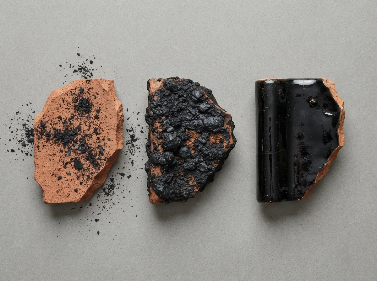Three flue tile samples showing creosote's three stages, from loose soot to a hard, shiny glaze