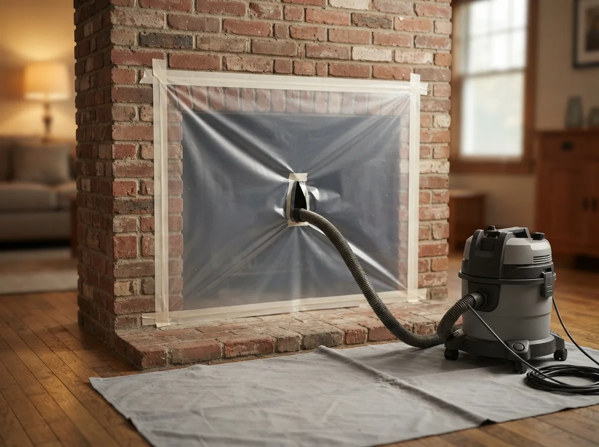 Plastic containment sheeting taped over a fireplace opening with a HEPA vacuum hose sealed through the center