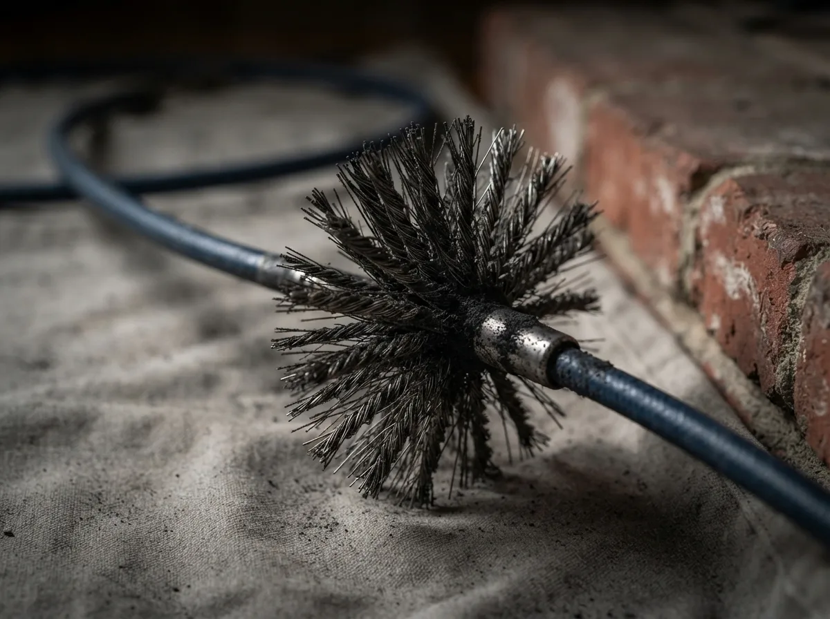 Close-up of a sooty rotary chimney brush head on a flexible rod beside a brick chimney opening