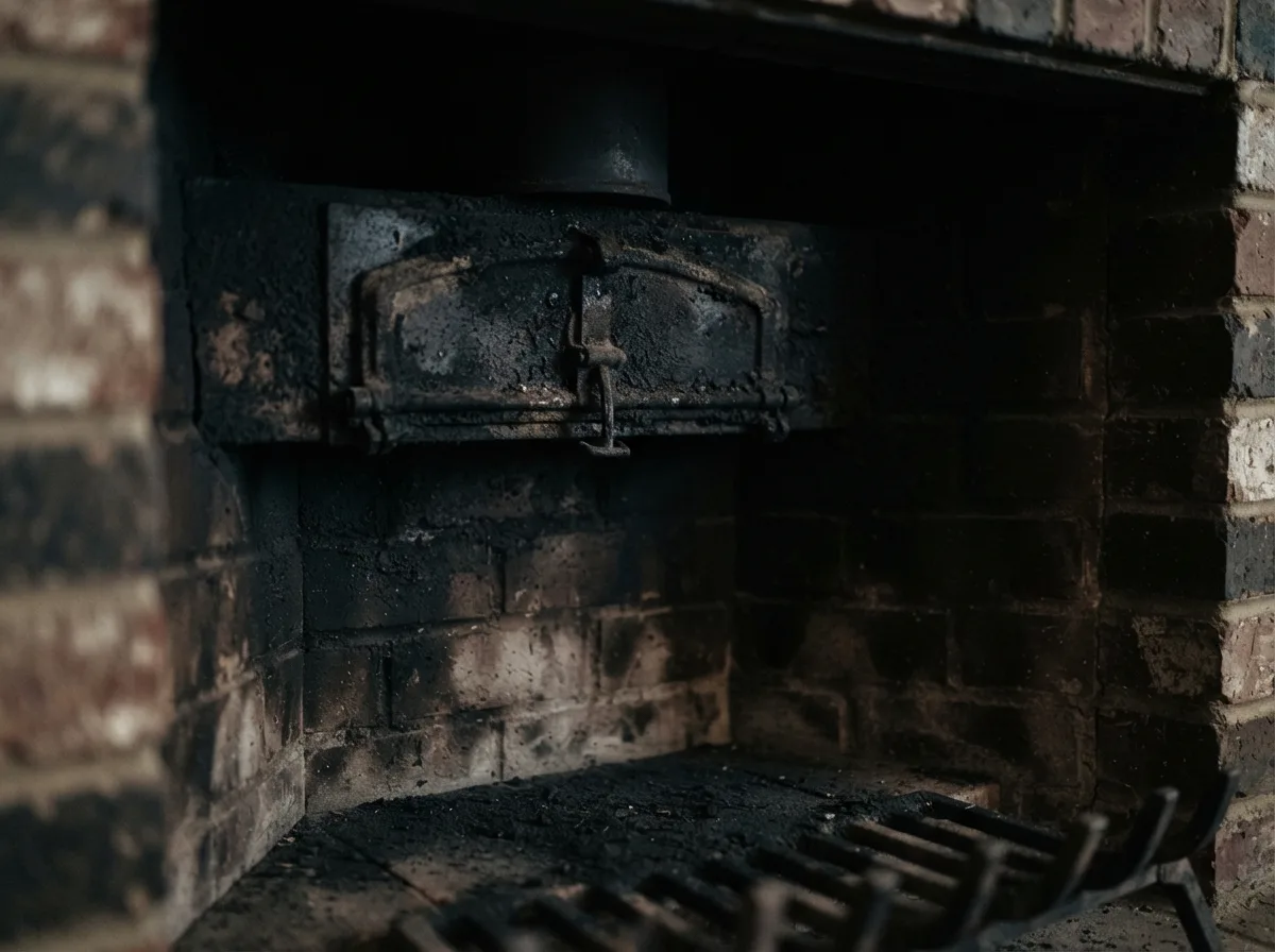 Heavy black soot and creosote buildup coating a fireplace damper and firebox interior