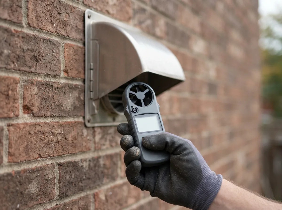 Technician holding an anemometer to an exterior dryer vent hood to test airflow