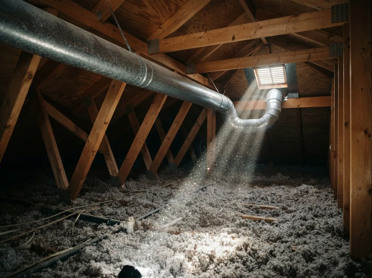 Metal dryer vent duct running through an attic to a roof vent above insulation