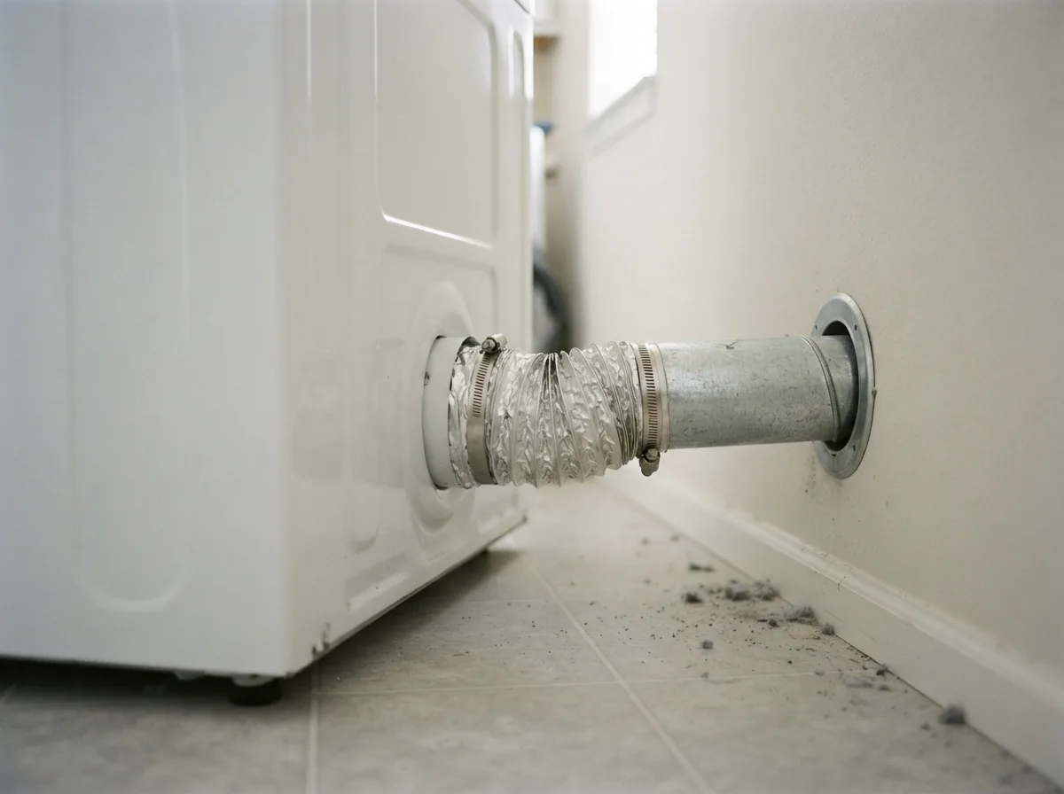 Dryer pulled away from the wall exposing its flexible duct connection