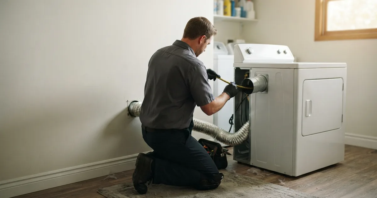 Technician disconnecting the flexible duct from the back of a dryer in a laundry room