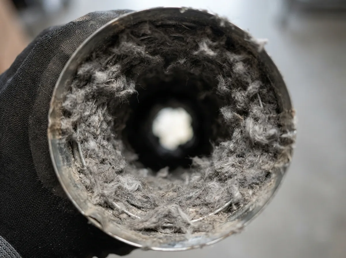 Thick lint packed inside the opening of a dryer vent duct