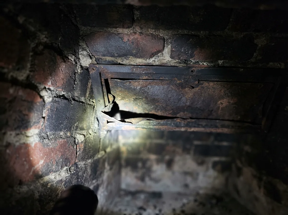 Bent and torn metal damper plate inside a brick flue, lit by flashlight, showing raccoon damage