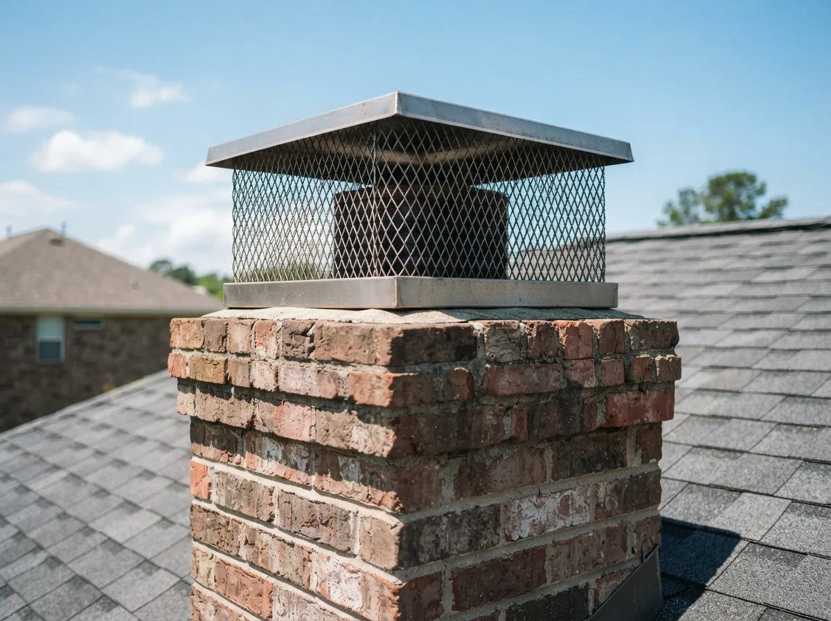 Brick chimney with a heavy-duty stainless mesh cap installed to keep raccoons out, on a Fort Worth home