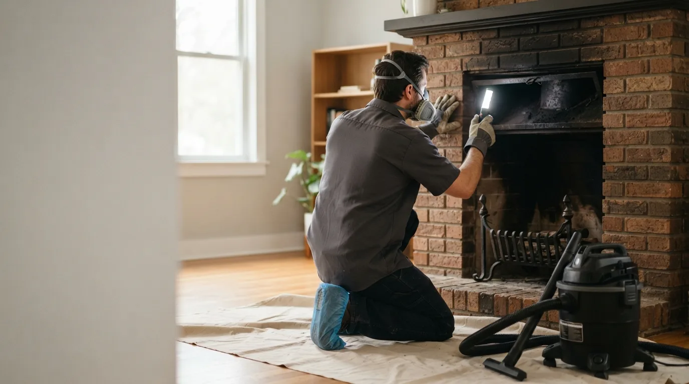 Technician in a respirator and gloves kneeling at a brick fireplace, shining a flashlight up into the flue with a HEPA vacuum and drop cloth set up