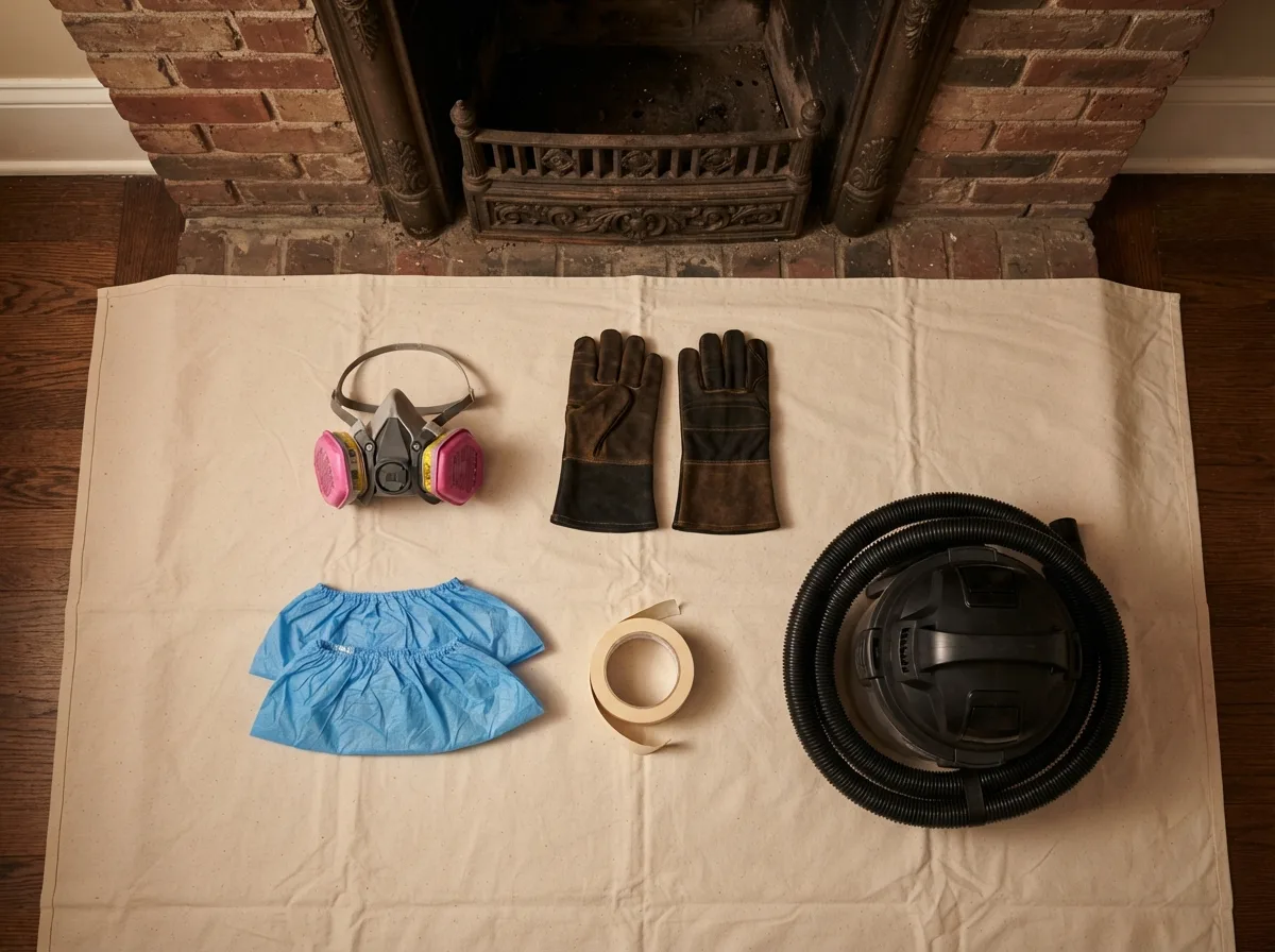 Respirator, leather gloves, shoe covers, tape, and a HEPA vacuum laid out on a drop cloth in front of a fireplace