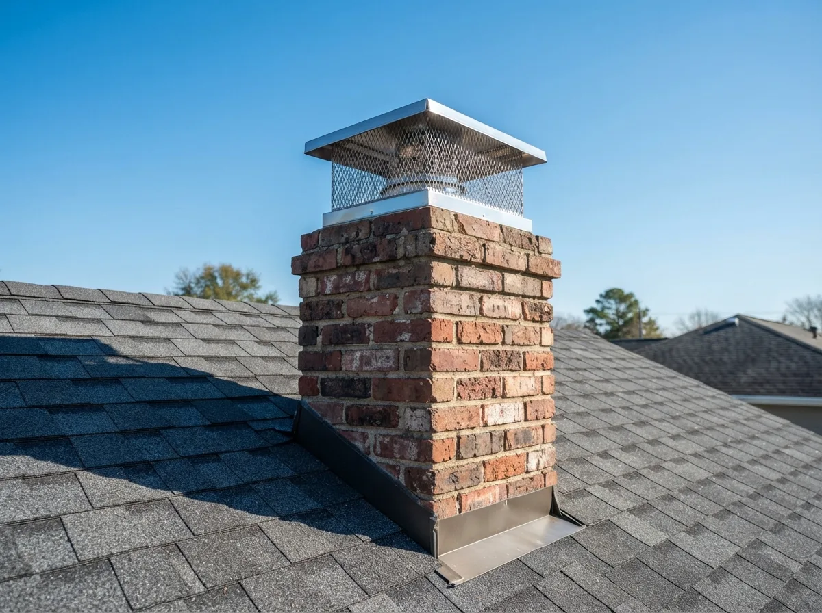 Brick chimney with a fitted stainless mesh cap installed on a Fort Worth, TX roof