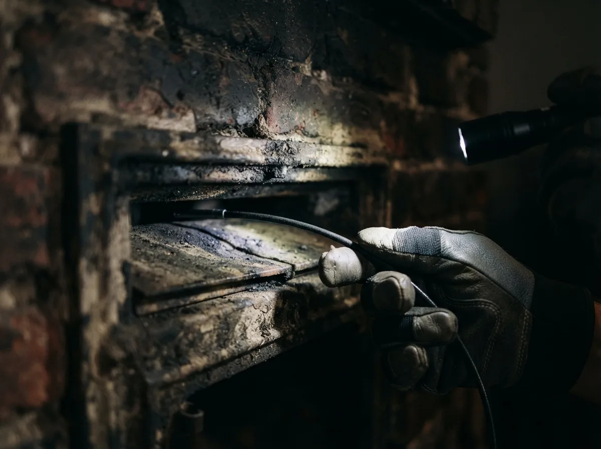 Technician feeding a camera scope into a sooty chimney flue to locate a squirrel