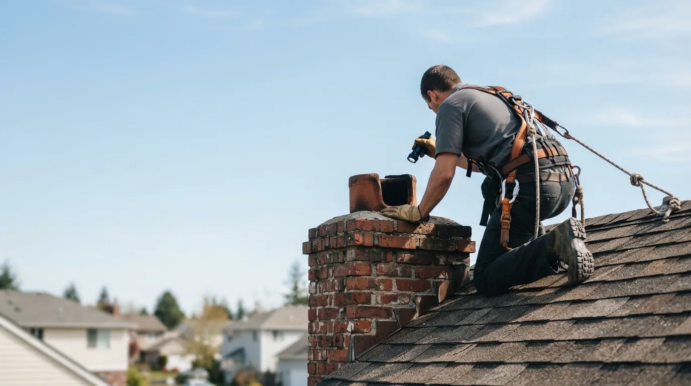 Technician in a roof harness shining a flashlight into an open chimney flue on a Fort Worth, TX home